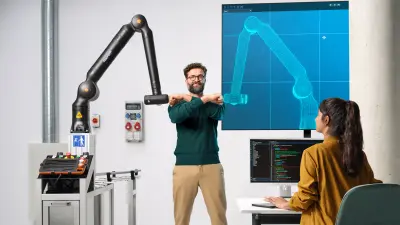 Two associates are playing on a football table with a Bosch Rexroth APAS assistance robot.